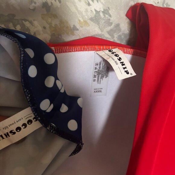 Cocoship Red Halter Bikini Top High-Waisted Blue Polka Dot Swim Bottoms Retro - Picture 3 of 6